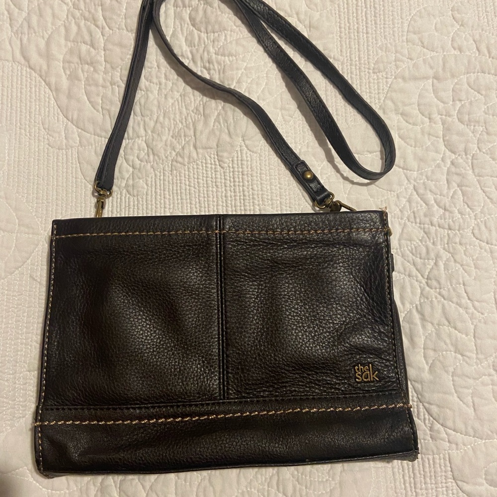 The Sak Brown Leather Crossbody with Gold Logo
